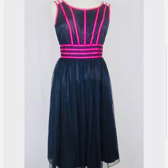 JACQUES VERT NAVY AND FUCHSIA DRESS - Picture 1 of 4